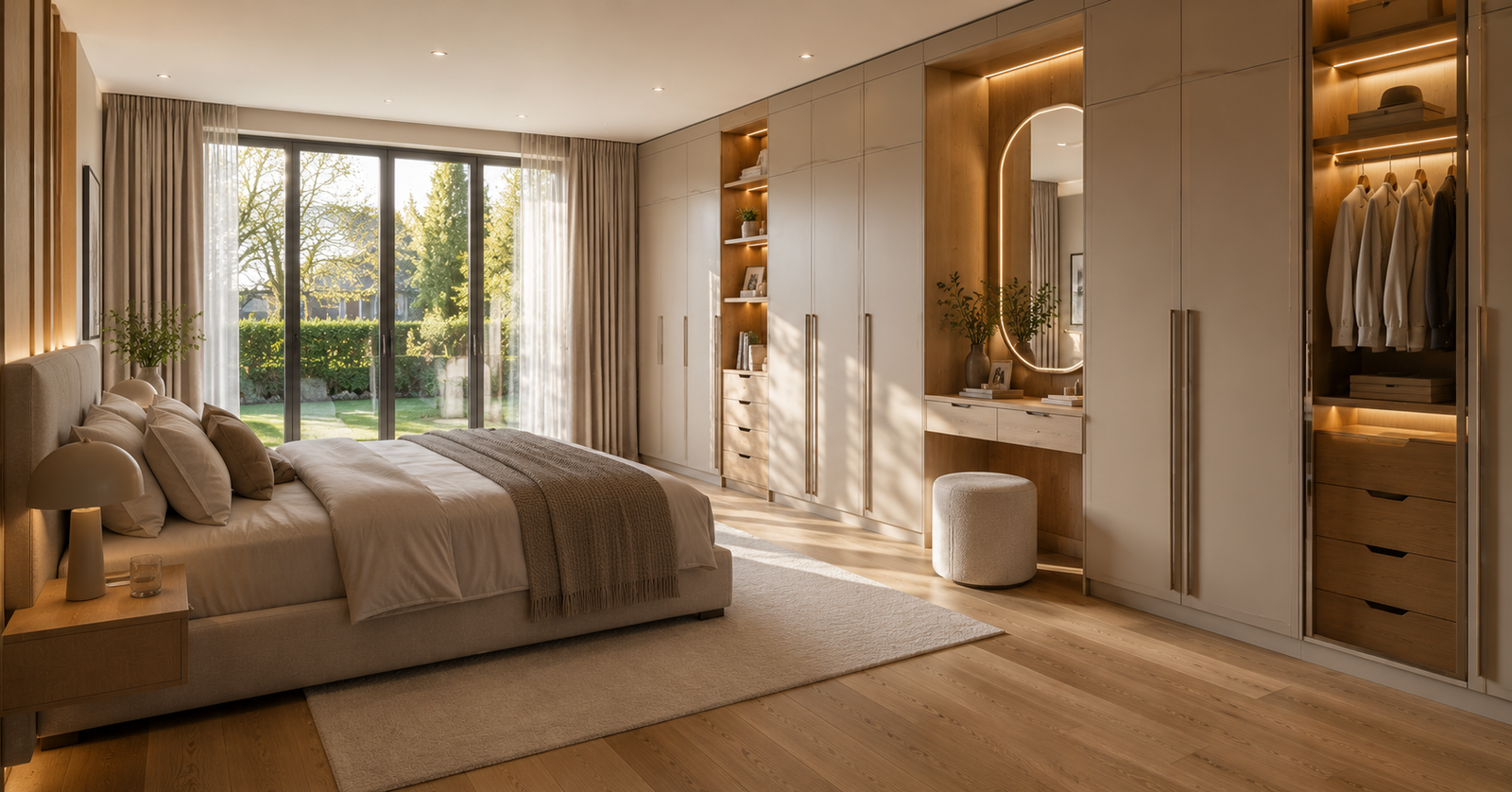 Luxury modern bedroom in Harborne featuring bespoke fitted wardrobes, oak cabinetry, integrated LED lighting, and custom bedroom furniture.